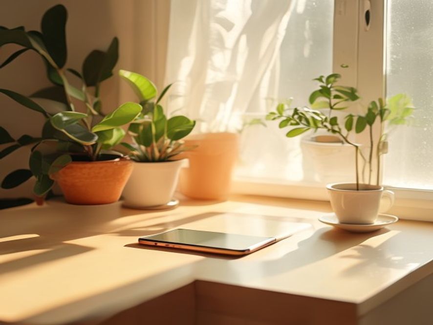 Klart skrivebord med telefonkraft naturligt lys og plantekrukke