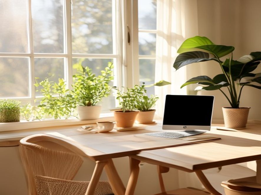 Lyst arbejdsrum med naturligt lys og grønne planter